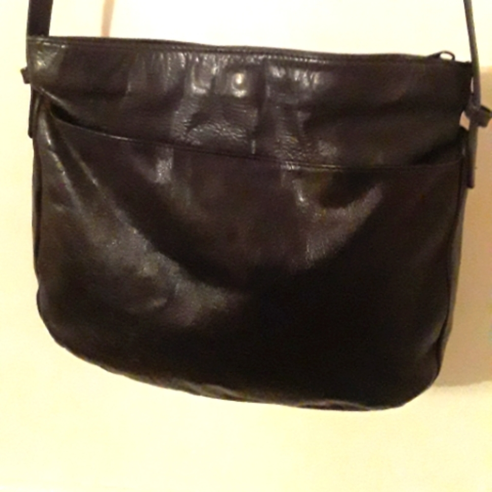 Black leather crossbody bag.